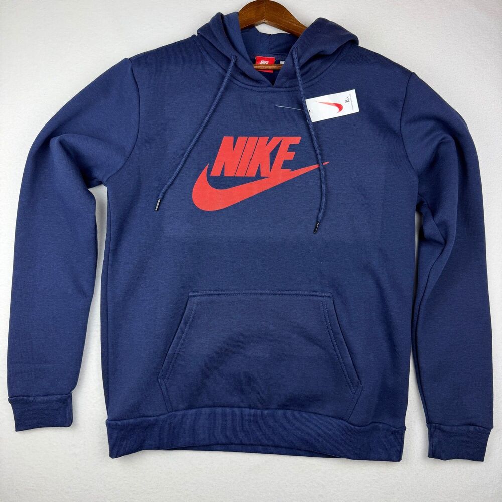 Nike Fleece Pullover Hoodie Mens XL Navy Red Sweatshirt Swoosh Logo Graphic NWT